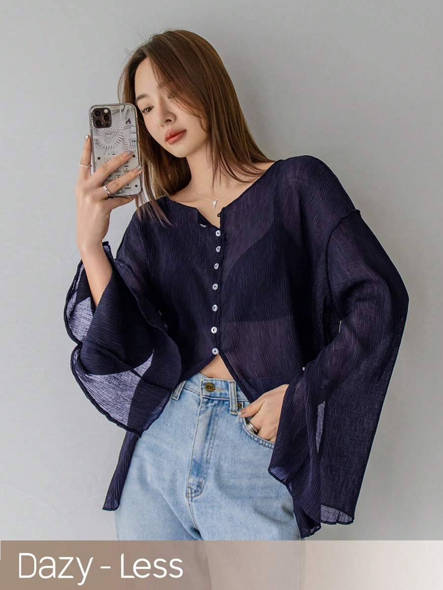 DAZY Áo cánh voan rộng rãi hở vai một hàng khuy đơn màu thời trang xuân hè cho nữ - Màu xanh hải quân - Xem 1