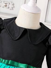 Infant Girls' Cute & Elegant Black-Green Halloween Horror Pattern Cap Sleeve Waistband Bow Swing Dress, Winter