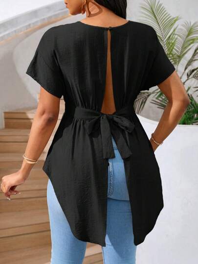 SHEIN Lady Top casual de vacaciones de verano con escote trasero, ata y tiene parte delantera corta y parte posterior larga, en color caqui/albaricoque, para mujer con estilo Y2K