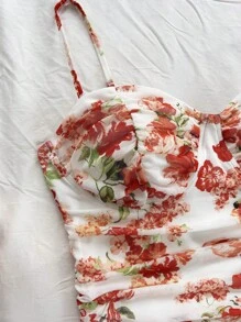 Soleia WYWH Dames Vakantie Gerimpelde Mesh Rozenprint Spaghettiband Mini Zomerjurk