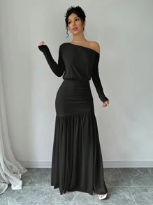 Selianne Elegant Asymmetrical Neck Dress For Women Maxi Women Outfit Fall Cloth For Women - Black - View 4