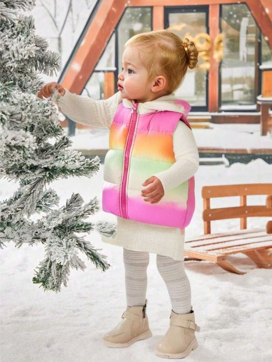 SHEIN 女宝宝无袖连帽渐变色加厚外套，2024年新品，舒适、温暖、简约、时尚 - 彩色 - 查看 1