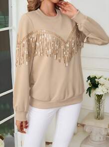 SHEIN VCAY Women's Round Neck Patchwork Fringe Casual Sweatshirt, Autumn Winter