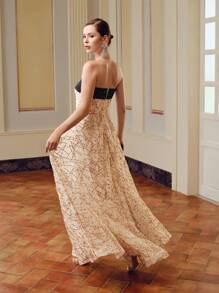 ZEYLAH Vestido tubo sin cinturón con bloques de color y aplicaciones de lentejuelas en malla - Dorado - Ver 9