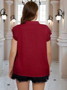 SHEIN Clasi Plus Size Women Fall Women  Solid Color Notch V-Neck Batwing Sleeve Loose Shirt - Red - View 2