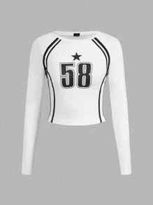 SHEIN EZwear 数码印花插肩袖短款修身 T 恤 - 白色 - 查看 1