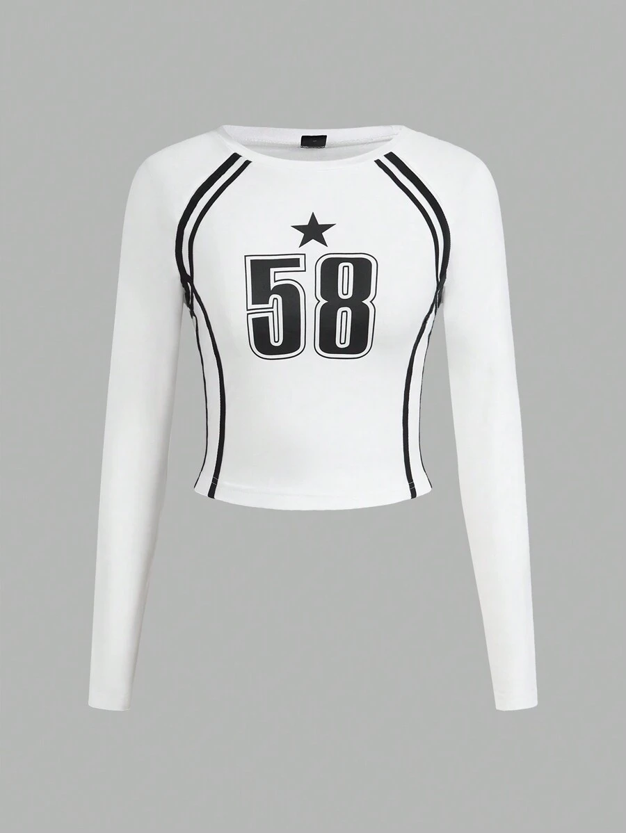 SHEIN EZwear 数码印花插肩袖短款修身 T 恤 - 白色 - 查看 1