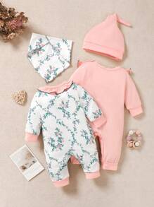 4 Peças Macacão Vintage Floral Miúdo Versátil e Prático para Meninas Bebê - Multicolorido - Visão 2