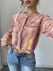 Chiquease Áo len cardigan ngắn tay đơn hàng ngày cổ tròn in họa tiết đầy đủ cho nữ mùa xuân và mùa thu - Hồng - Xem 5