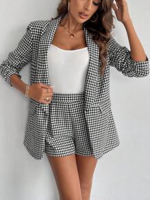 Firerie Women's Spring/Fall Houndstooth Print Ruched Collar Half Sleeve Blazer And Shorts Casual Office Suit, Winter, Business Casual, Elegant, Black And White Plaid