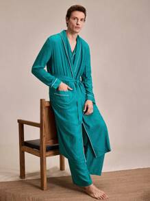 EverLounge 男士撞色边饰长袖口袋休闲长袍、休闲睡衣