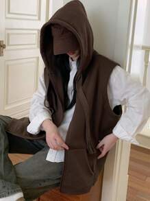 DAZY 女式休闲无袖连帽丝带运动衫，秋季，无袖拉链上衣 - 咖啡棕 - 查看 7