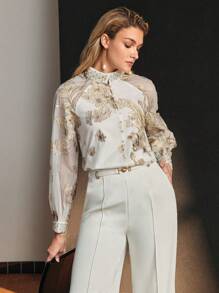MOTF PREMIUM JACQUARD FLOWER APPLIQUE MOCK NECK FAUX PEARL AND RHINESTONE DETAIL BLOUSE