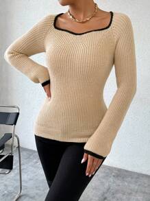 Chiquease Suéter de manga larga simple con ribete de contraste, uso diario casual para mujer