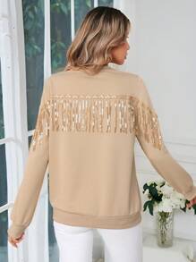 SHEIN VCAY Women's Round Neck Patchwork Fringe Casual Sweatshirt, Autumn Winter