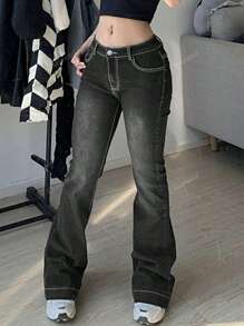 Women's Y2K Streetwear Low Waist Casual Denim Flare Pants, Back To School, Autumn