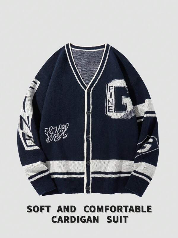 Manfinity Hypemode Herren Langarm Knopfleiste Lässig Farbblock Grafik Ausgehen Dropped Shoulder Grober Strickjacke Lässig Blaue Streifen Farbblock Baseball Strickjacke, Geschenk für Ehemann, Freund