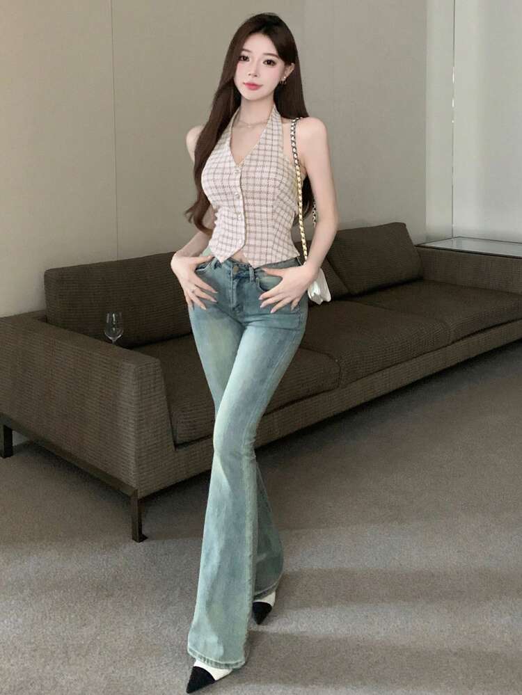 Women V-Neck Halter Top, Casual Everyday Wear Plaid Going Out Tops Women