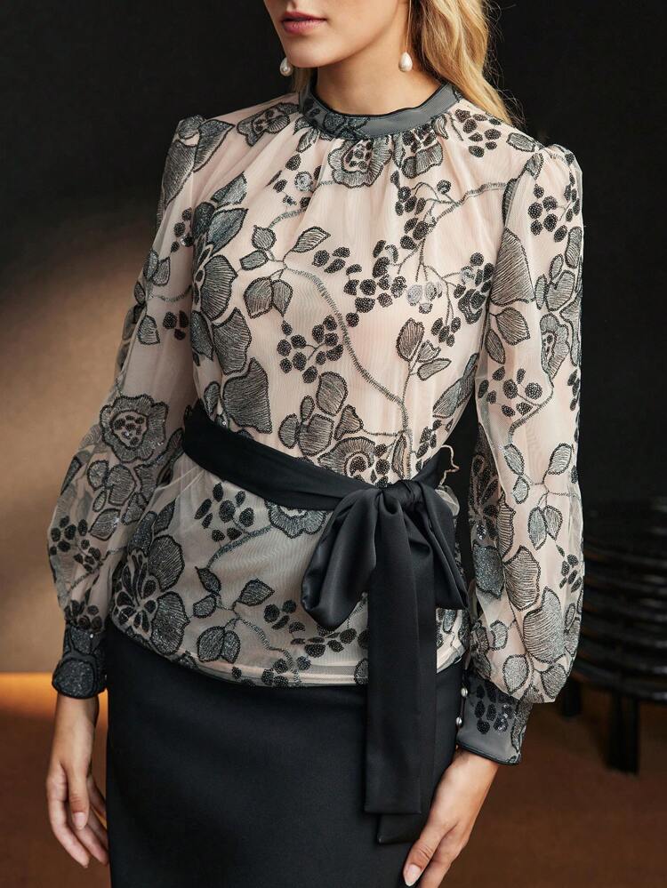 MOTF Soiréza FLORAL PATTERN LANTERN SLEEVE BELTED BLOUSE