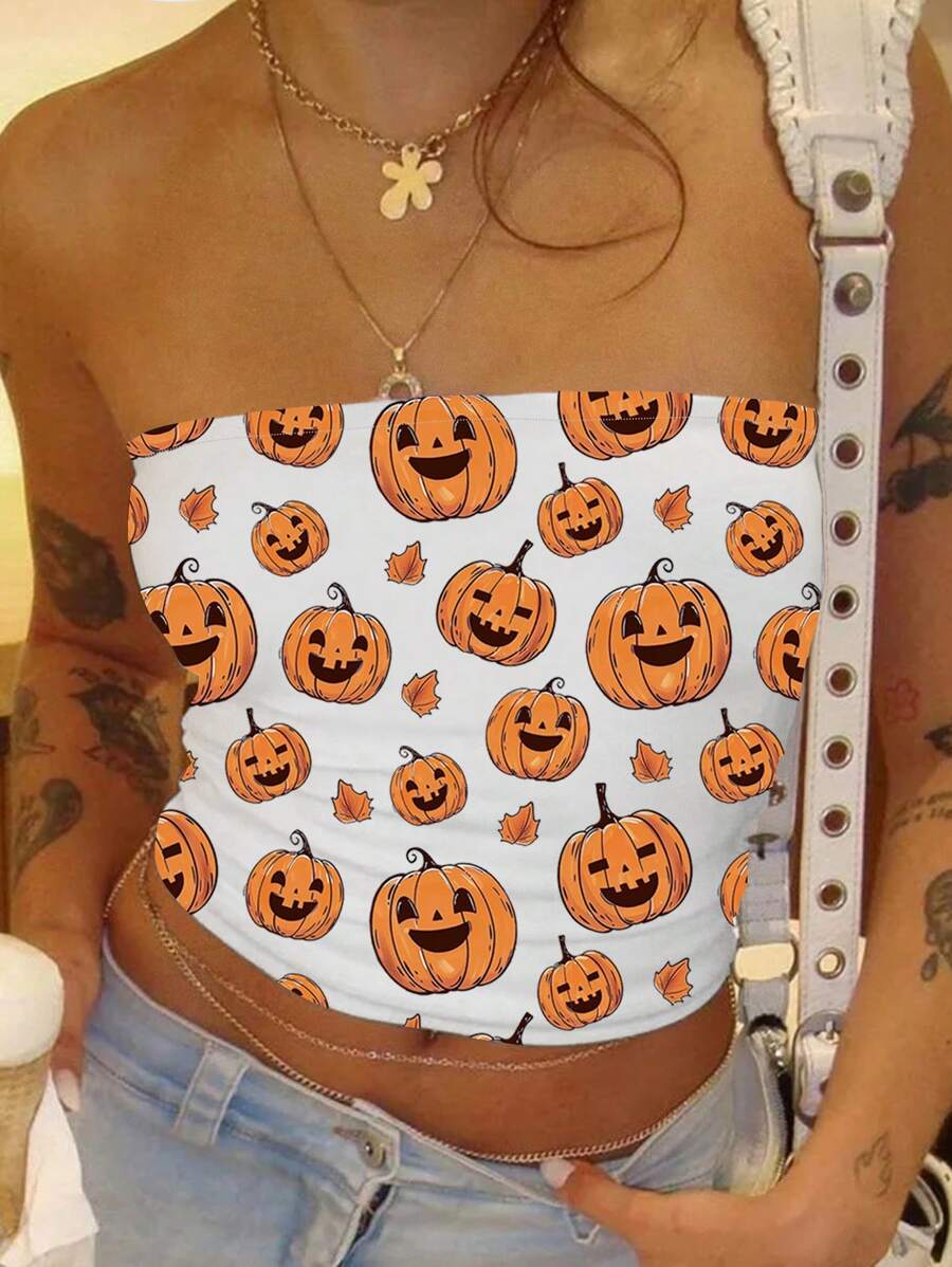 SHEIN ICON Áo quây nữ kiểu dáng thường ngày in hình bí ngô, thích hợp cho lễ Halloween. - trái cam - Xem 1