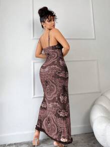 SHEIN SXY Sexy Ruched Ruffle Hem Floral Printed High Slit Sleeveless Dress With Elastic Mesh Fabric See-Through Outfit - Chocolate Brown - View 2