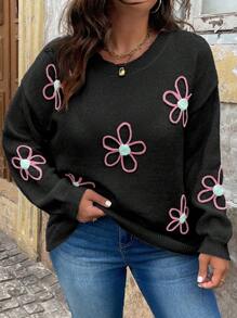 Plus Size Crew Neck Long Sleeve Floral Pattern Casual Pullover Sweater, For Winter Knit Pullover Fall - Black - View 3