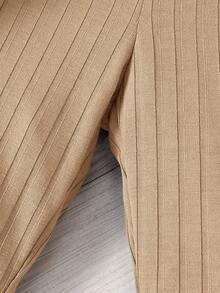 SHEIN 2 件套年轻女孩针织纯色圆领修身休闲上衣和修身长裤套装 - 卡其色 - 查看 5