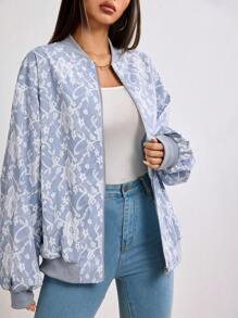 Seusyu Women's Lace Pattern Zipper Front Long Sleeve Jacket,Fall - Blue - View 5
