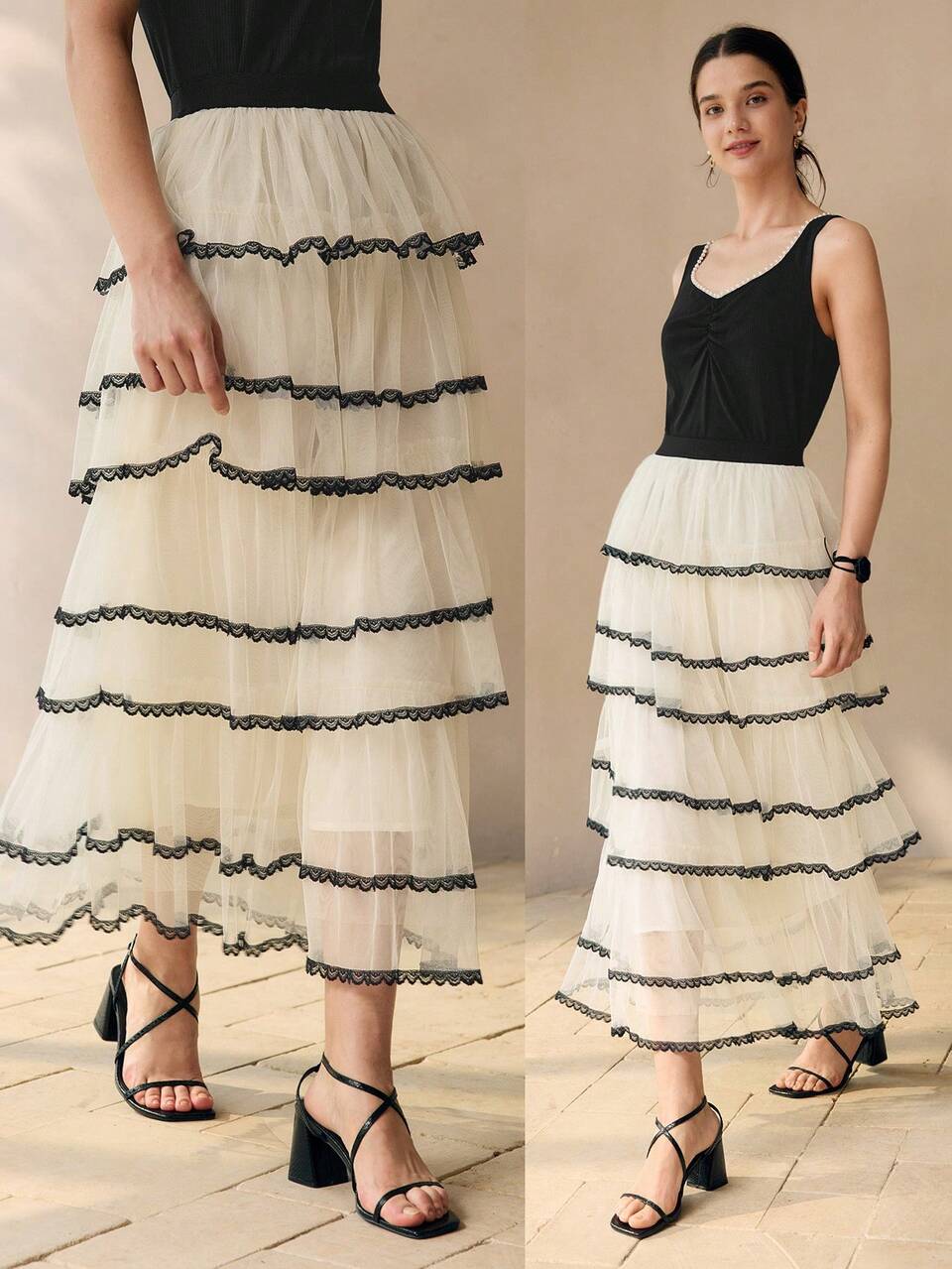 CONTRAST LACE RUFFLE LAYERED SKIRT