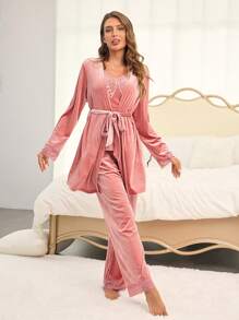 SHEIN 3st löst stickade byxor i sammetstyg för damer, kamisole och långärmad pyjamasset, bekväma loungekläder - Dammrosa - Visa 3