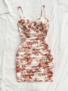 Soleia WYWH Dames Vakantie Gerimpelde Mesh Rozenprint Spaghettiband Mini Zomerjurk