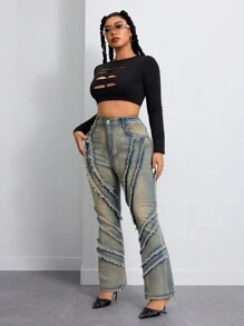 Plus Size Distressed Denim Wide Leg Jeans Fall Women Clothes - Light Wash - View 6
