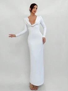 Aloruh Elegant Backless Halter Maxi Bodycon White Formal Dress For Women - White - View 7