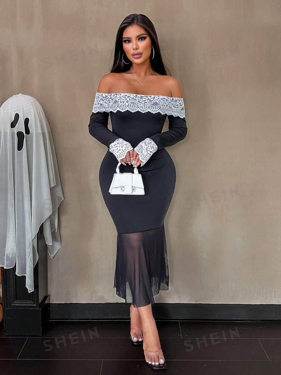 Zolique Vestido ajustado con contraste de encaje, hombros descubiertos, mangas farol y bajo de cola de pez de malla para mujeres