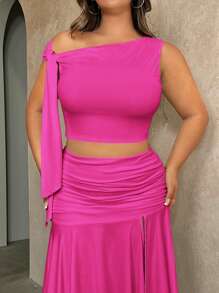 SHEIN BAE 大码女式甜美假期休闲约会浪漫针织抹胸和不对称下摆设计裙子 2 件套 - 玫紅色 - 查看 3