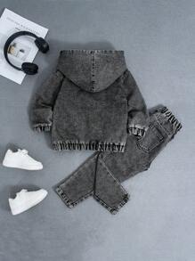 SHEIN Explorewe 2pcs Young Boy New Casual Washed Black Elastic Waist Denim Jacket & Wide Leg Relaxed Taper Jeans Set Chic Outfits For Autumn/Winter