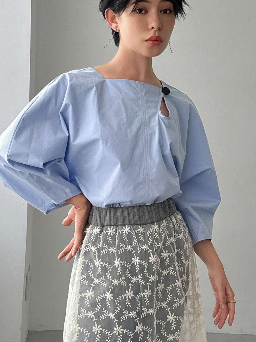 FRIFUL Blusa holgada con diseño hueco de manga farol de unicolor para mujer, primavera/verano - Celeste - Ver 1