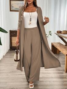 SHEIN LUNE 2 件灰色休闲长袖开衩开衫和裤子套装 - 卡其色 - 查看 1