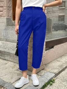 Calvaya 大码纯色前扣口袋休闲裤 - 寶藍色 - 查看 3