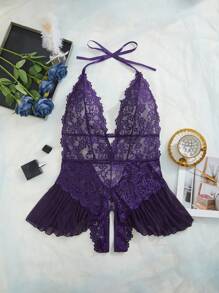 SHEIN Plus Floral Lace Ruffle Hem Plunging Neck Backless Halter Teddy Bodysuit - Purple - View 5