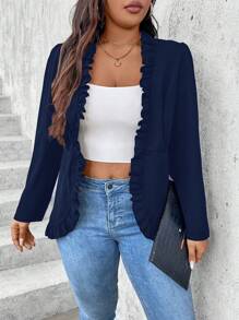 Plus Size Women's Spring & Autumn Solid Color Frill Trim Simple Blazer Graduation,Back To School,Teacher Outfits For Women Fall Cloth For Women - Navy Blue - View 4