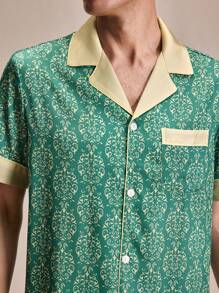 EverLounge Men's Floral Print Contrast Collar Short Sleeve Button-Front Shirt And Shorts Pajamas Set - Multicolor - View 2