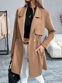 Chiquease Solid Color Drawstring Waist Trench Coat, Autumn - Brown - View 1