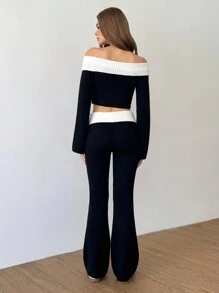 SHEIN Unity 2 Pieces Women's Solid Color Patchwork Off-Shoulder Long Sleeve Sweater And Pants Casual Set - Black and White - View 3
