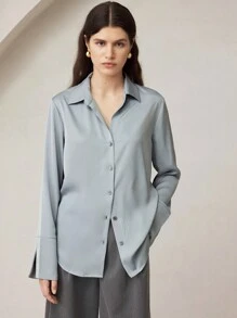 BizChic Blusa elegante in raso da donna per l'ufficio, camicia con colletto, abbigliamento da lavoro, top basic autunnale per outfit da donna - Grigio - Visualizzare 3
