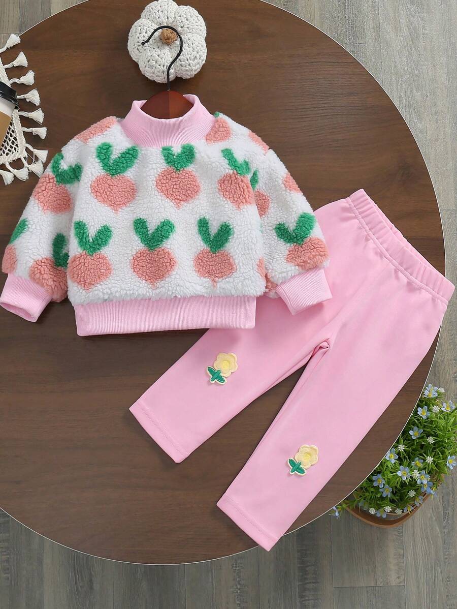 SHEIN 2 件套婴儿/宝宝女孩休闲花卉和叶子印花运动衫和裤子套装，秋冬