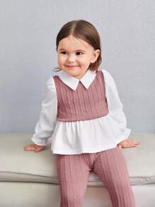 SHEIN 2pcs Baby Girl Casual Cute Knitted False 2-Piece Colorblock Collar Long Sleeve Top And Elastic Waist Pants Set - Multicolor - View 4