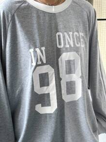 FRIFUL Áo thun nữ tay dài cổ tròn rộng rãi in chữ, thời trang xuân/hè, thu - Xám - Xem 7