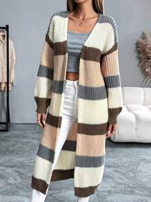 Chiquease Áo khoác cardigan dài chắp vá màu sắc thường ngày cho nữ, mùa thu đông - Nhiều màu - Xem 3