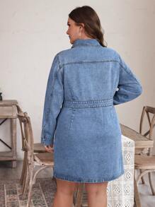 SHEIN LUNE Plus Size Women's Spring & Summer Long Sleeve Denim Dress With Multiple Pockets And Single-Breasted Design - Blue - View 4